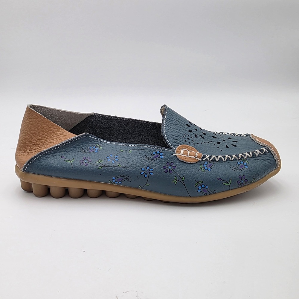 SOFT! Women Genuine Leather Moccasin Shoes Blue Cut Out Size 41 (US 10) Stitched